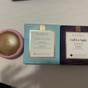 FOREO Pink Skincare Device with Blue and Purple Masks